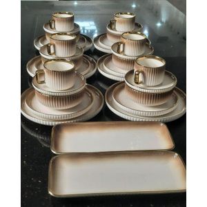 32-Piece European Porcelain Dinnerware Set – Ribbed Design with Gold Accents and Rectangular Platters