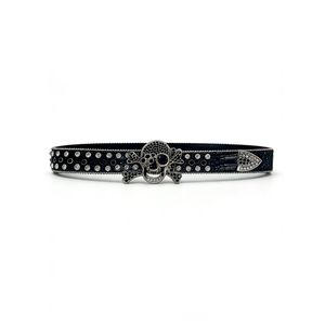 Men's Black Rhinestone Skull Belt - Croc-Embossed Studded Punk Waist Belt with 3D Skull Buckle