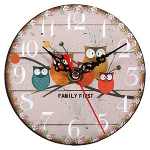 Antique Creative Vintage Owl Pattern Round Wooden Wall Clock Home Office Decoration