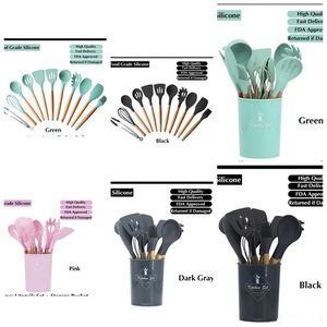 12/16Pcs Kitchen Silicone Cooking Utensil Set Black Wooden Spoons