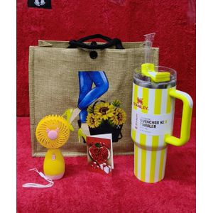 HOT Valentines Ladies Gift Set – Jute Bag + Stanley Mug + Portable Fan + Greeting Card – Romantic Gift Combo for Her