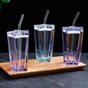 2 pieces Star Shaped Glass Juice Tumbler with Lid and Straw 380ml Set of 2 Drinking Cup Cute Pentagram Design Color Glass Coffee Sipper Mug for Coffee Ice Tea Cocktail Cups