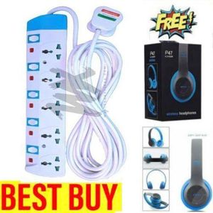 Powermax Power King Best QUALITY 5 Way Power Extension With Long Cable - White + p47 headphones