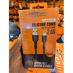 Amaya ACD-L30 1M USB to Lightning Black Data Cable 2.4A Fast Charging Silicone Charging Cord