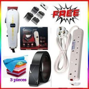 Geemy 4 WAY EXTENSION LONG CORD WITH FUSED PLUG + HEAVY DUTY KINYOZI HAIR CLIPPER - LONG LASTING MOTOR SAFE FOR SALON AND HOME + LEATHER BELT + FACE TOWEL