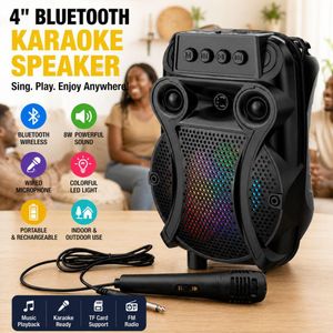 Portable 4 Inch Bluetooth Karaoke Speaker with Wired Microphone, 8W Wireless Stereo Subwoofer, Colorful LED Light for Indoor & Outdoor Use, Black