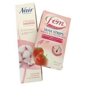 Nair HAIR REMOVER CREAM + Fem WAX STRIPS Bikini & Underarm All Hair Types GENTLE & EFFECTIVE + NORMAL SKIN CALENDULA cf