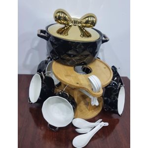 Ceramic SET OF 6CERAMIC MARBLE-LIKE SOUP BOWLS WITH ONE SOUP TOUREN ON BAMBOO AND BURNER