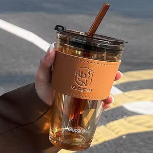 Glass Cup with Cover, Straw & Leather Sleeve – Reusable Boba Bottle / Travel Tumbler