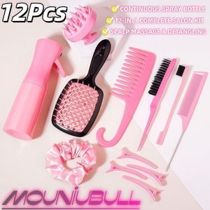 Mouniubull 12 Pcs Hair Comb and Brush Set - Professional Hairdressing Kit with Fine Mist Spray Bottle, Scalp Massager, Detangling Hairbrush, Hair Clips & Scrunchie for All Hair Types (Pink)