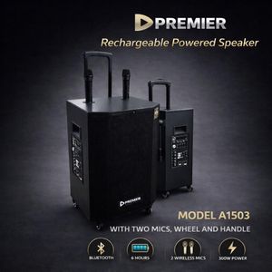 Premier Rechargeable PA Speaker 300W Bluetooth A1503 With 2 Wireless Mics And Trolley Handle 