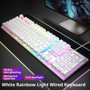 General GX30 wired backlit keyboard Cool backlight Ergonomic design Waterproof and dustproof Used for office and games-White rainbow light