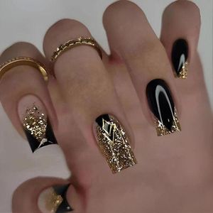 DYXDYC Fake Nails DYW010  French Tip Artificial Acrylic Nails Glossy Glue on Nails Gold Bling Glitter Stick on False Nails with Design 24pcs