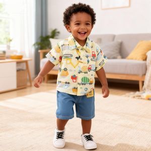 0-4 year old boy's short sleeved top and pants 2-piece set -Yellow&Blue