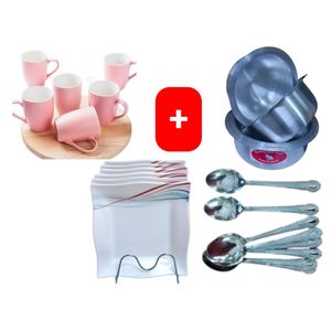 Sundabest  Beautiful Classic Pink Ceramic Coffee/Tea Mug / Cups 6pc Set + FREE 4PCS Stainless Aluminum Sufuria Set, 12pc Table Spoons & 6pc Melamine Dinner Plates