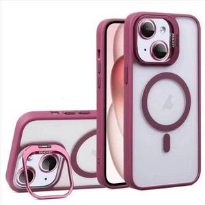 Burgundy Magsafe Compatible Stand Bracket Transparent Case with Camera Metal Ring Lens Protector for iPhone 15