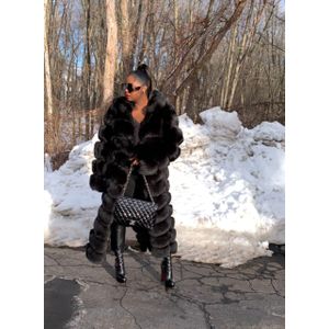 Black Gina Real Furry Fox Women Fur Poncho Hooded Full Length Winter Coat