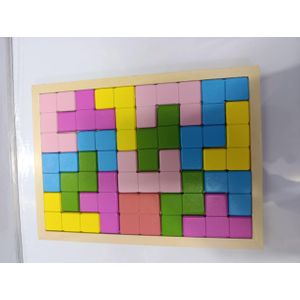  wooden Tetris puzzle board filled with colorful geometric blocks shaped like classic tetrominoes