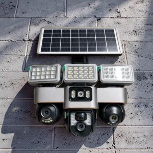 Two In One Outdoor Security Motion Detection 12MP 4G PTZ Multiple Lens screens Solar Camera with Solar Flood Light 