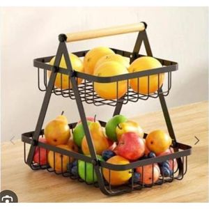 Triangular 2 layer 2 tier metallic mesh fruit basket black,white