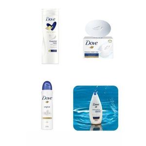 Dove 4 in 1 Selfcare Package: Body Love Essential Care Body Lotion + Deeply Nourishing Body Wash + Beauty Cream bar + Original Antiperspirant Deodarant Spray