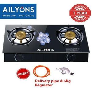 AILYONS Quality Gas Cooker With A Glass Top-two Burners With FREE 1M PIPE And 6KG Gas Regulator(1YR WRTY)