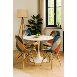 Pedestal Dining Table + patchwork chair