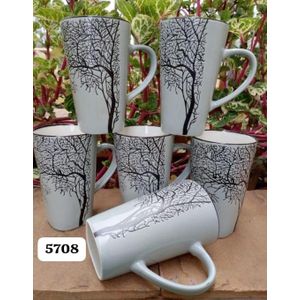 Cute Mugs Long Craft Set of 6 Black Tree Mugs.
