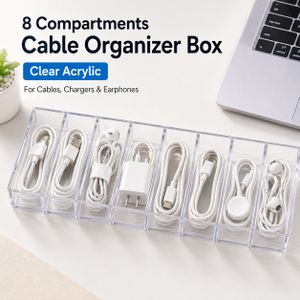 8-Compartment Transparent Acrylic Cable Organizer Box for Cables, Chargers, Earphones & Accessories