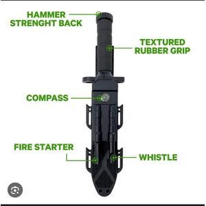 Albainox 32537 Black Knife with Flint, Sharpener and Compass, 19cm Stainless Steel Blade and ABS Handle, for Home, Fishing, Camping, Outdoor, Survival and Wilderness