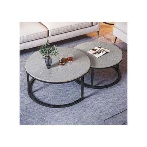 PURE MARBLE modern round nesting coffee table set with a marble or slate top and black metal frames.