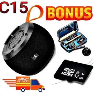 C15 Rechargeable Longlasting Portable Super Bass Bluetooth Wireless Speaker + EXTRA GIFTS Bluetooth F9 Earbuds, High Performance Memory Card 32GB