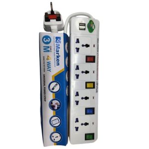 Marken 4-Way Power Extension with 2 USB Ports – 3m Universal Power Strip