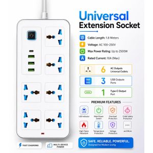 6-Way Universal Extension Socket with 3 USB & Type-C Port Heavy-Duty 1.8-Meters Power Strip - EX22-F White