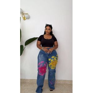 Blue Flora Fauna Plain Jeans Print High Waist Wide Leg Pants vintage Denim mummy Trousers 
