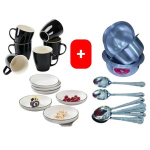 Sundabest Beautiful Classic Black Ceramic Coffee/Tea Mug / Cups 6pc Set + FREE 4PCS Stainless Aluminum Sufuria Set, 12pc Table Spoons & 6pc Melamine Dinner Plates