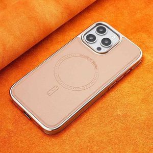 iPhone 15 Pro Max Phone Case, Brown Electroplated Magnetic MagSafe Compatible PU Vegan Leather Protective Cover for Second Device