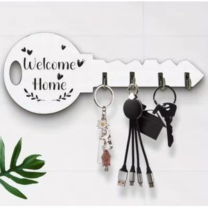 Welcome Home Wooden Key Holder with Hooks Wall Mounted Vintage Style Key Rack Organizer for Keys Dog Leash Mail Holder Decorative Entryway Wall Storage Rack Modern Rustic Finish