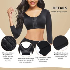 Women Upper Body Shaper Compression Crop Top – Long Sleeve Slimming Arm & Back Support Front Hook Shapewear (Black)