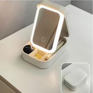 Portable LED makeup case with mirror, USB charging, 1000mAh battery, foldable design, durable cosmetic storage box - White