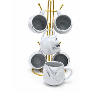 Home Fashion Modern Marble Ceramic Tea & Coffee Cups Set (6 Mugs + 1 Gold Storage Rack)