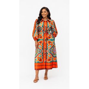 Women's Multicolour Printed Midi Shirt Dress with Waist Tie