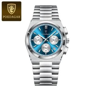 POEDAGAR 970 Men Watch Silver Blue Stainless Steel Waterproof Chronograph Mens Wrist Watches Sport Man Watches Reloj Montre (with box)