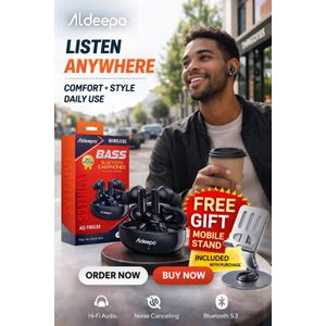 Aldeepo Wireless Bluetooth Earbuds AQ-TW630 – Powerful Bass, Noise Cancelling, Bluetooth 5.3 + FREE Mobile Stand