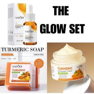 SADOER Quality  The Glow Set Kit Turmeric Soap,Vitamin C Glowing Serum and Moisturizing Tumeric Antioxygen Repair Cream