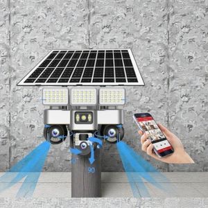 Two Way Audio Waterproof Durable 12MP 4G PTZ Rotating Triple Lens Two In One V380 Pro 12MP 4G Sim card PTZ Rotating Three Triple Lens screens Outdoor Security Solar CCTV Camera with High Brightness Led Solar Flood Light