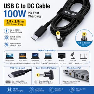 100W Type-C PD to DC 5.5*2.5mm Universal Laptop Fast Charging Cable – Dual Chip E-Mark Power Adapter Cord for Asus, Toshiba, Lenovo, MSI, Fujitsu Laptops, Routers, Monitors & Power Stations (Braided 1.8M)