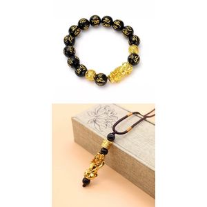 Feng Shui Pixiu Obsidian Stone Wealth Bracelet Ring Set