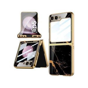 Luxury Black Gold Marble Cover for Samsung Galaxy Z Flip 5 – Stylish Shockproof Case with Built-in Screen Protector & Camera Lens Cover
