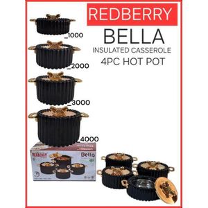 Redberry 4pcs Bella Plastic Designer Insulated Hotpots Serving Dish Casserole Set Hot Pot Serveware Set Serve or Keep Food Hot or Cold Size 1000, 2000, 3000 and 4000ml Black